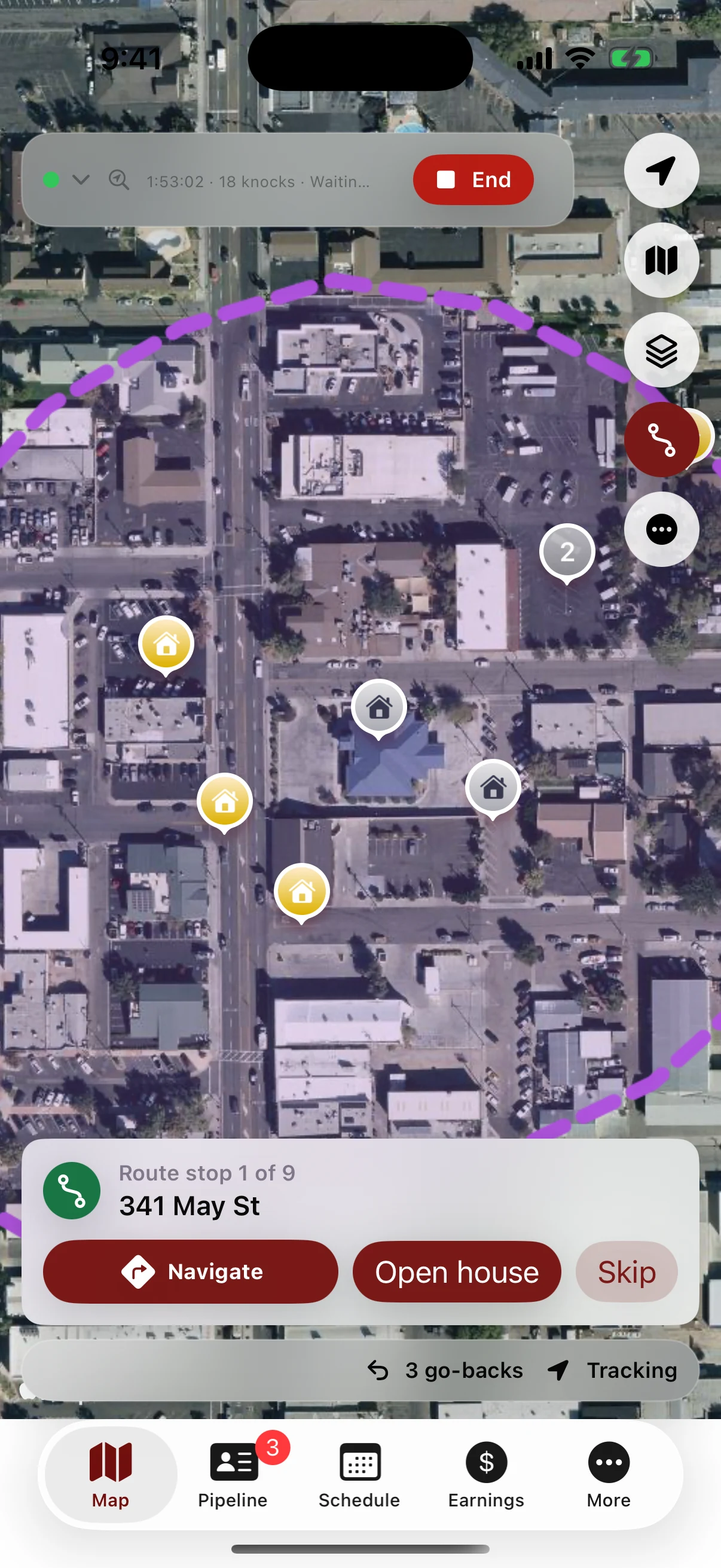 Door Knocker iPhone app showing an assigned territory, house statuses, and the next stop on a rep’s route.