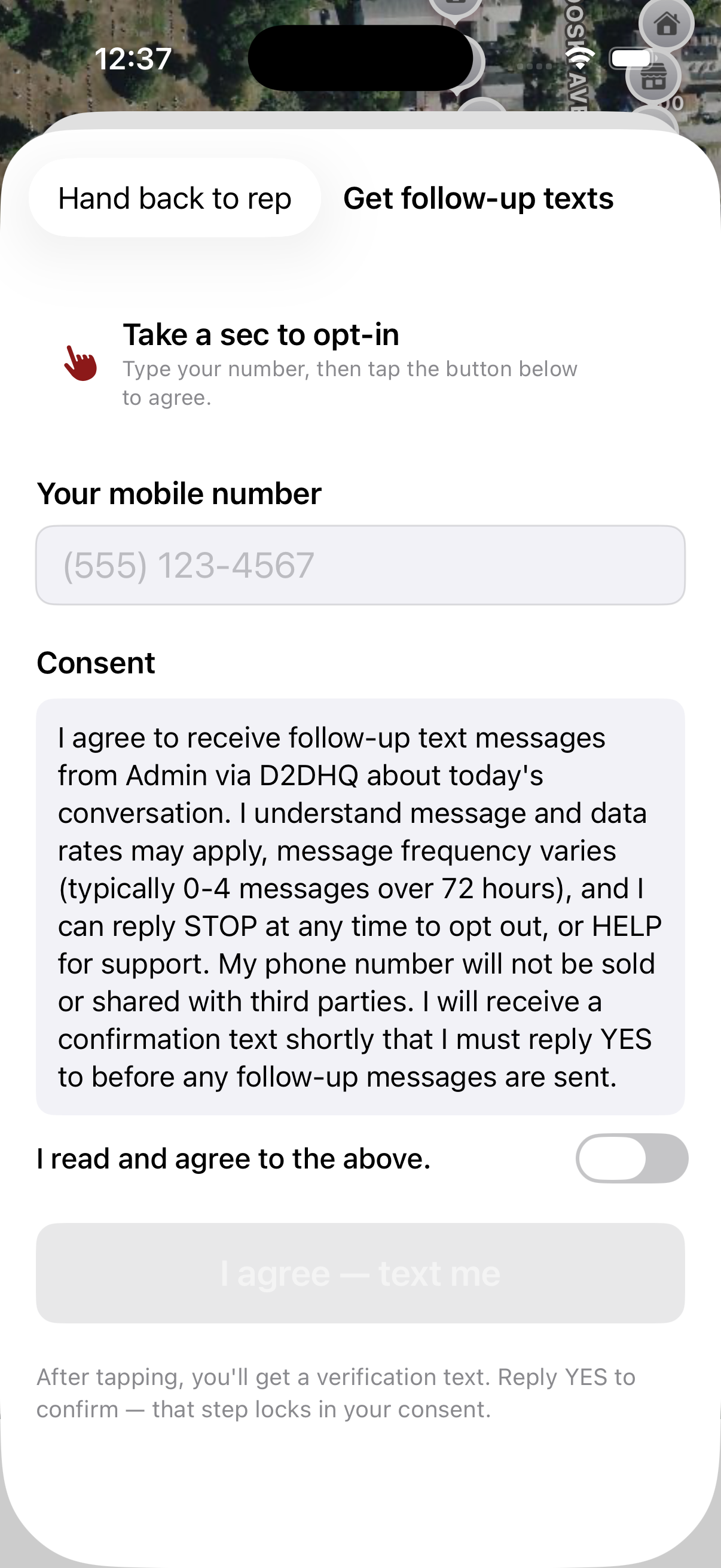 D2DHQ Knocker iOS app — homeowner-facing consent sheet, initial state with empty phone field and unchecked agreement toggle