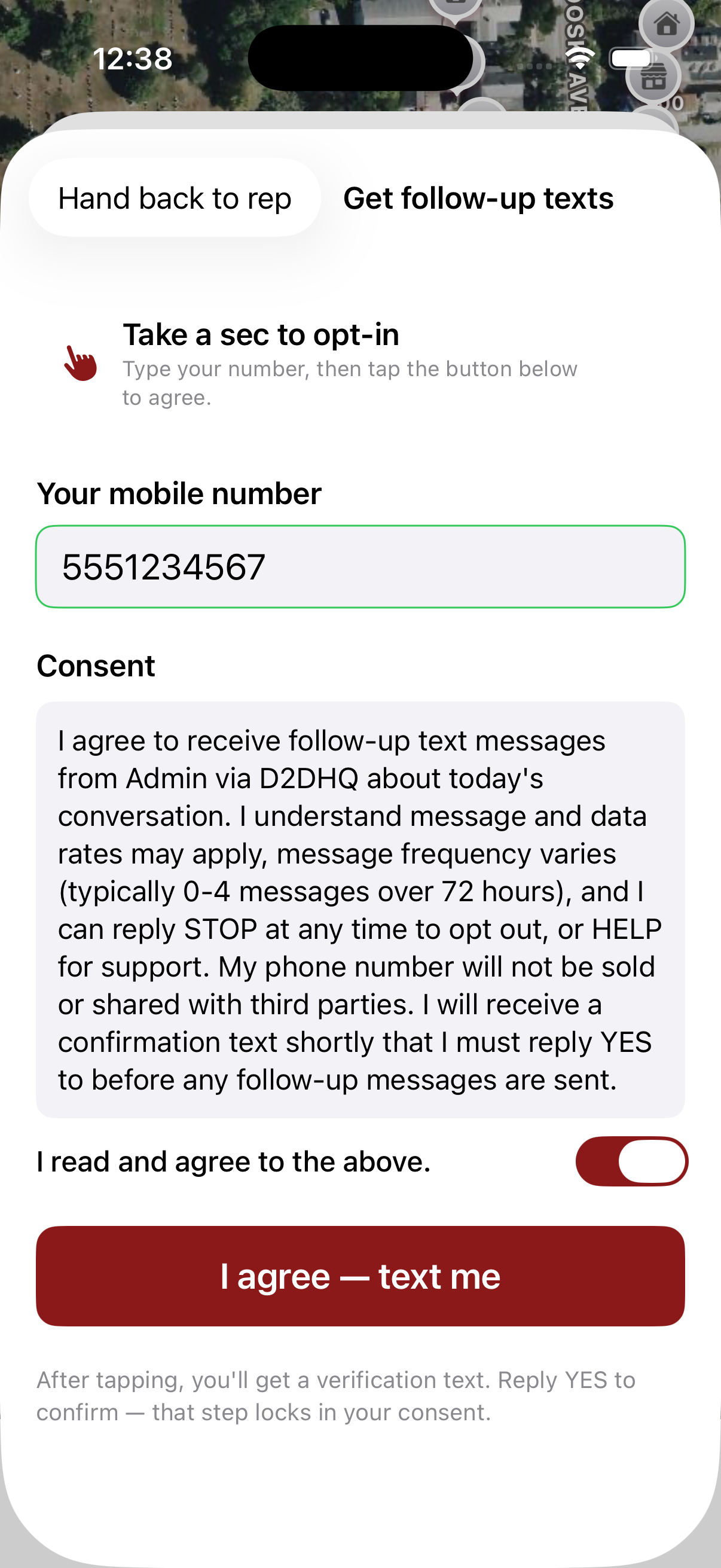 D2DHQ Knocker iOS app — homeowner-facing consent sheet, consent given: phone entered and agreement toggle switched on, button enabled
